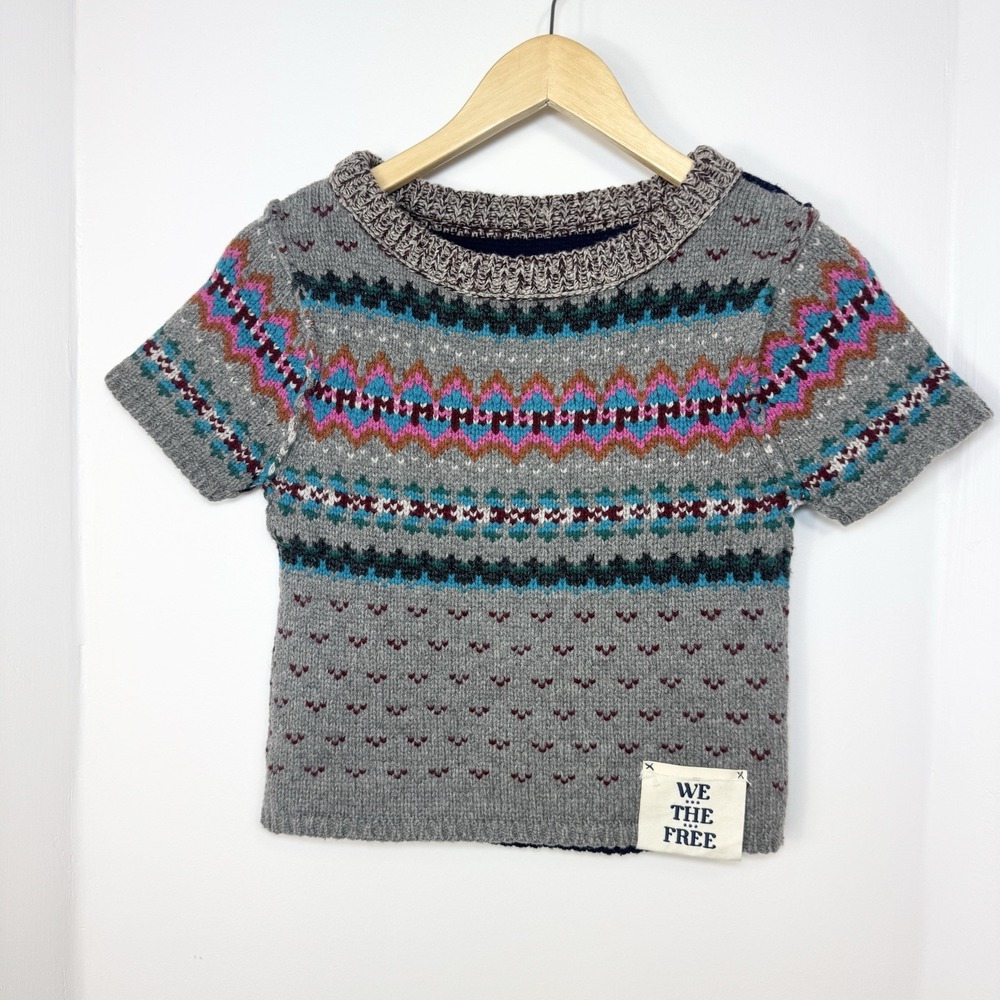 Free People We The Free Short Sleeve Fair Isle Knit Sweater XS Indie Folk Crop
